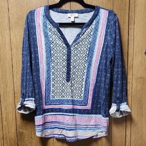 Blue and Pink Cuffed Sleeve Blouse